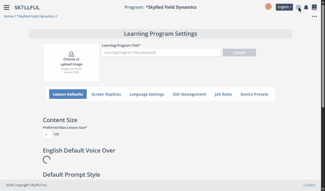 At the top of the screen, the header shows the program's thumbnail and its Learning Program Title. To rename the program, edit the title and click Update. The ... menu at the top right holds Translate Title and Archive.