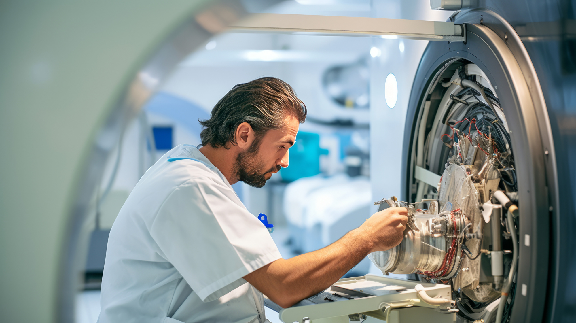 Field Technician Fixing an MRI Machine