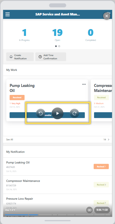 The Talkthrough tab in Skyllful Studio showing the live step preview with play and pause controls and a highlighted action in the outline.