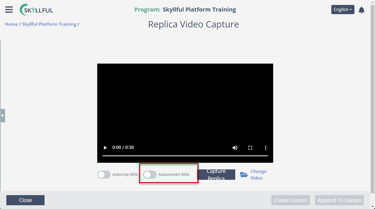 The Replica Video Capture autoconvert toggle in Skyllful Studio.