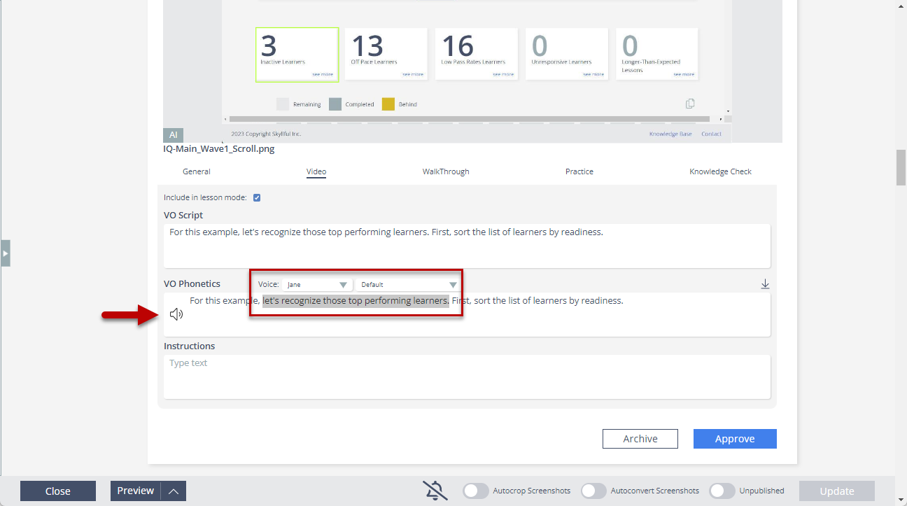Text-to-speech selection controls in Skyllful Studio.