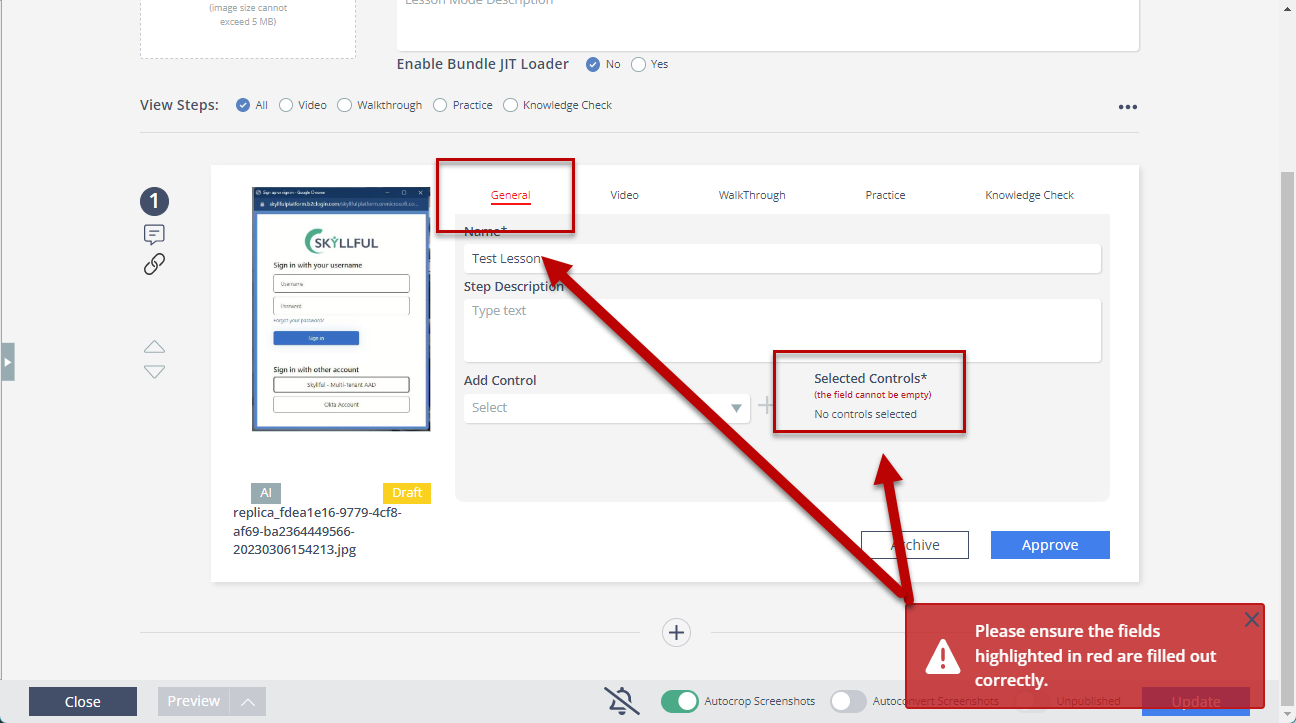 A red error indicator in Skyllful Studio flagging a step with no replica selected.