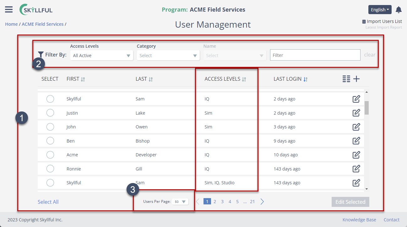 The unified User Management table in Skyllful showing all users regardless of access level with filter controls.