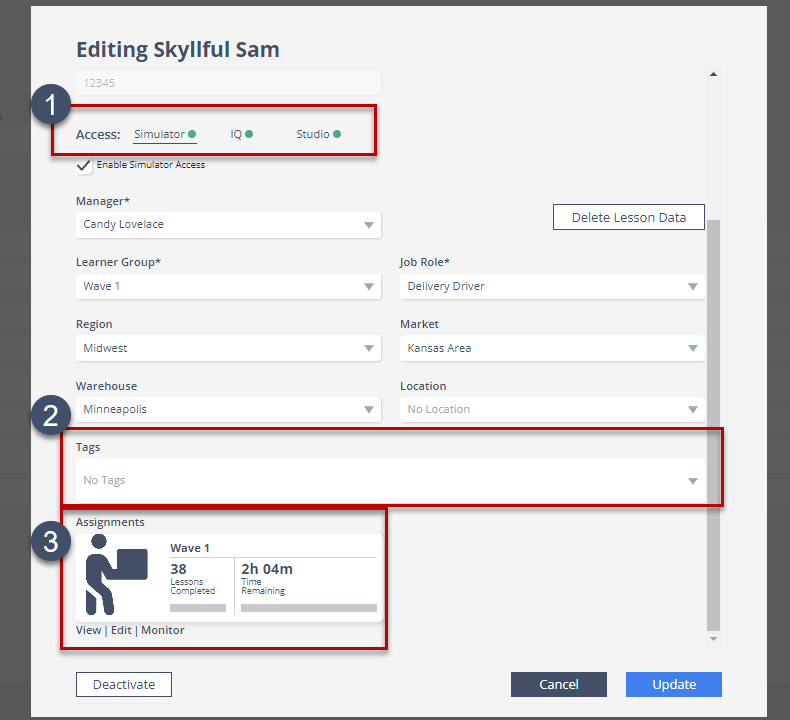 An enhanced user profile in Skyllful with Studio, Simulator, and IQ access, custom tags, and assignments.