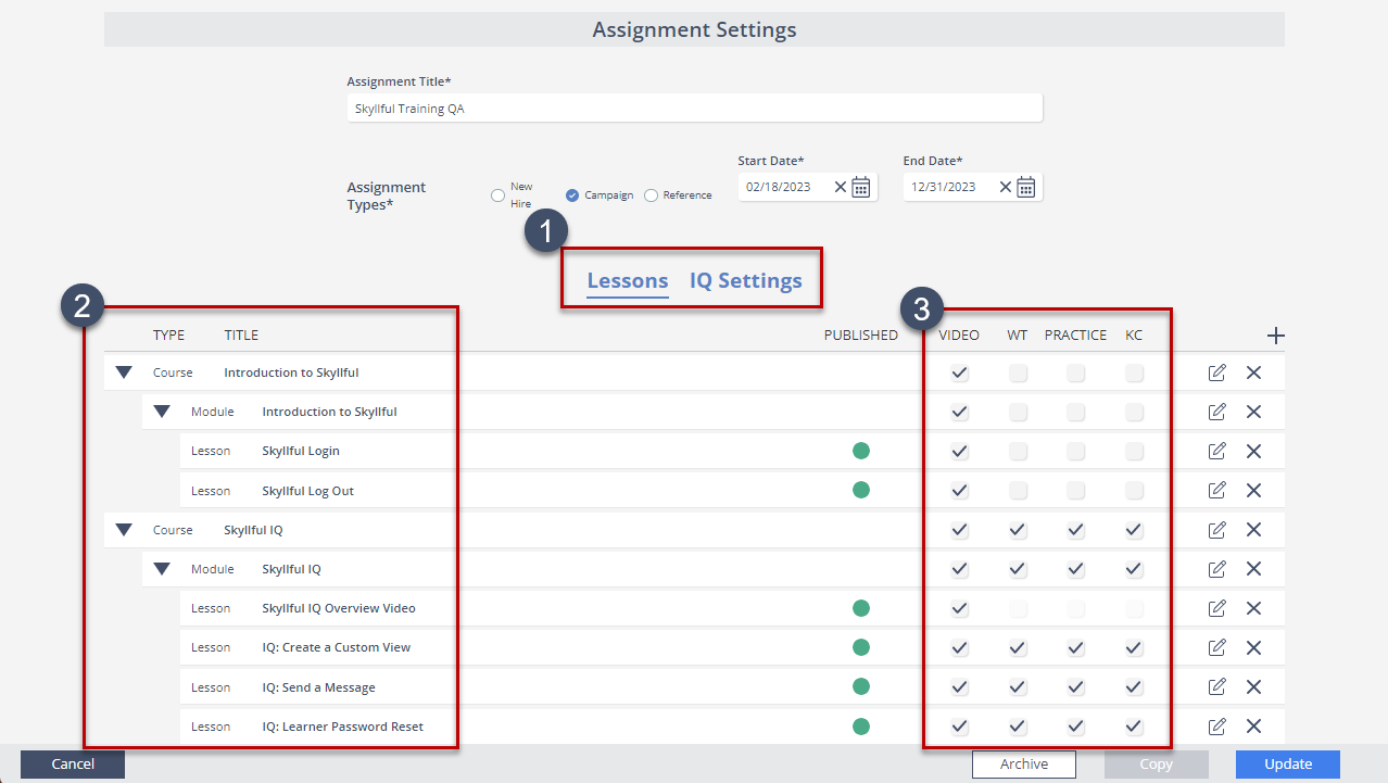 The redesigned assignment settings in Skyllful Studio with Lessons and IQ Settings in tabs.