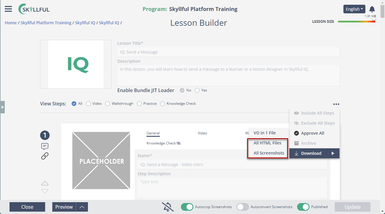Downloading all HTML files or screenshots for a lesson in one action in Skyllful Lesson Builder.