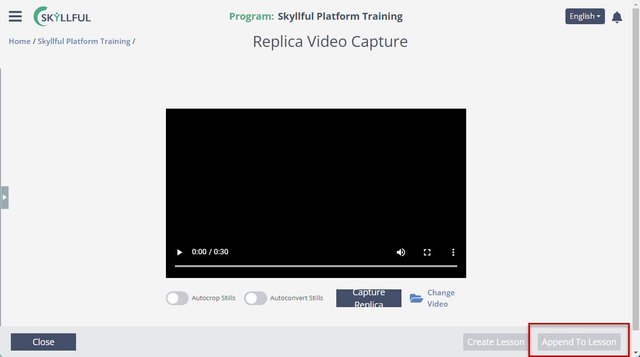 Appending screens to an existing lesson from the Skyllful Video Capture Tool.