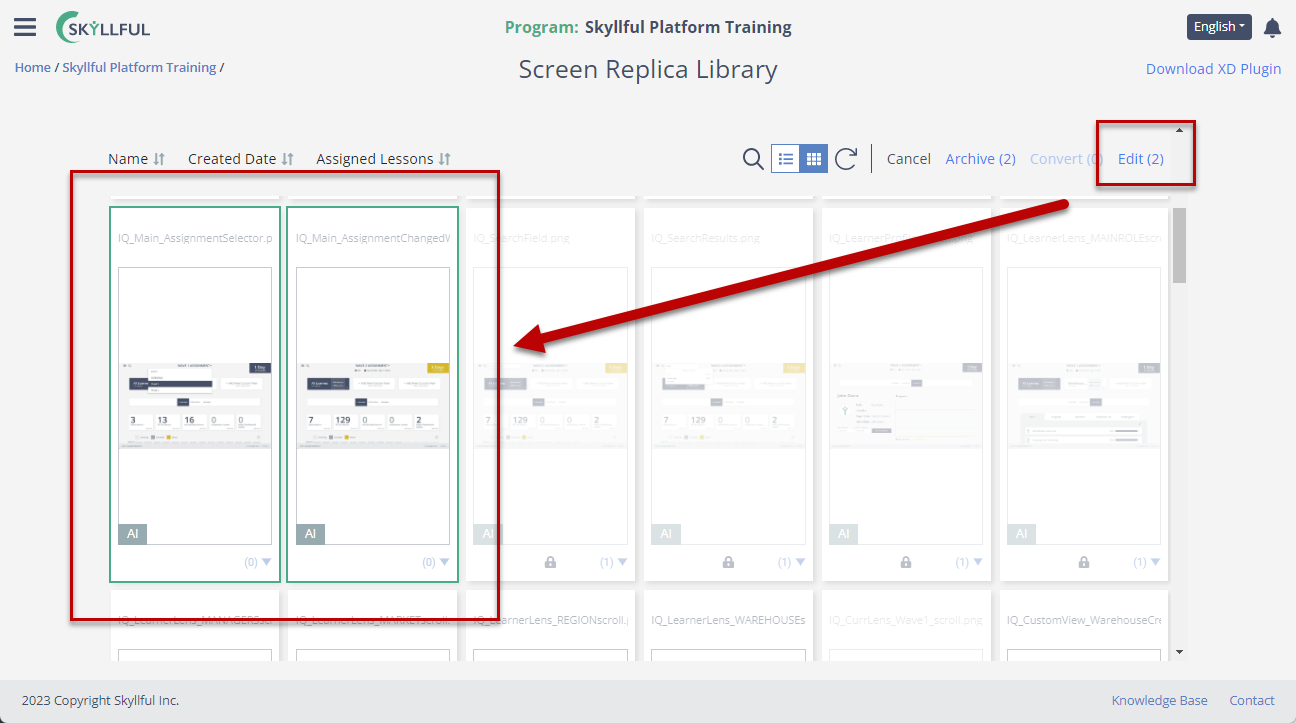 Selecting multiple screens in the Skyllful Screen Library for bulk edits.