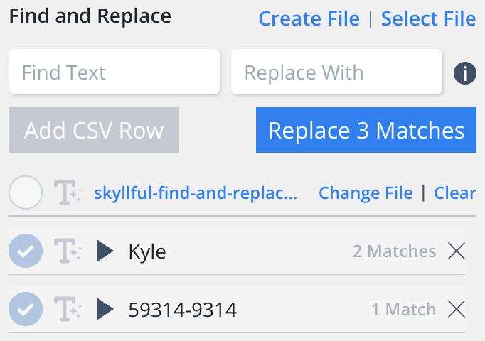 The Find and Replace panel in Skyllful Studio showing a Replace All action with a Replace 3 Matches button and per-row match counts for Kyle and 59314-9314.