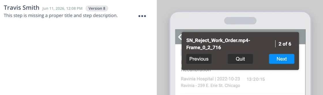 The Skyllful Studio Lesson Previewer rendering a video step with an inline commenting panel and a shareable review link.