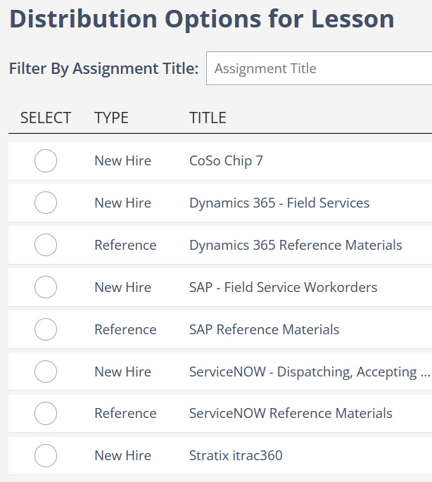 Selecting which assignments a lesson should go to from within Skyllful Lesson Builder.