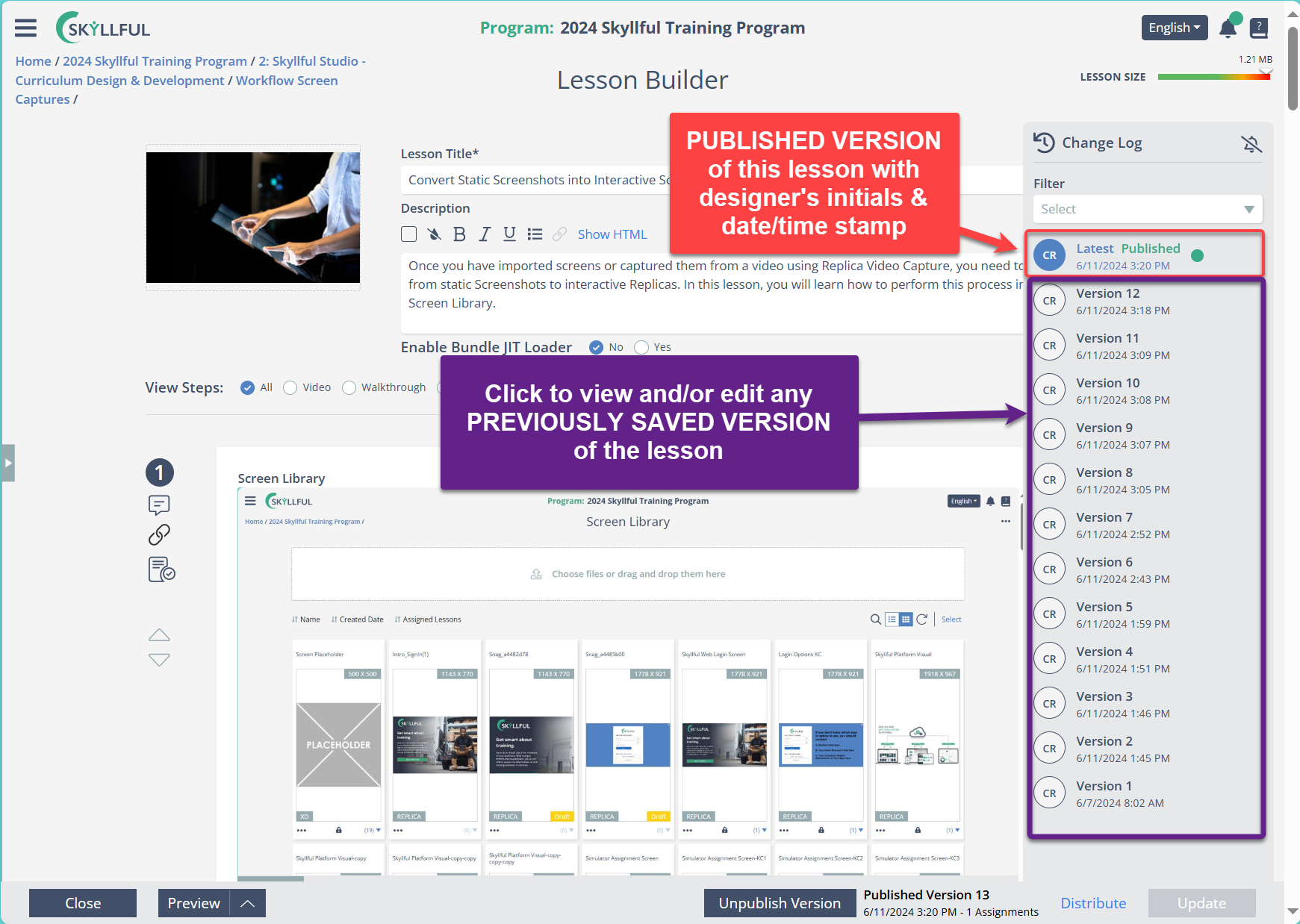 The Skyllful Lesson Builder version panel listing saved lesson versions with status labels.