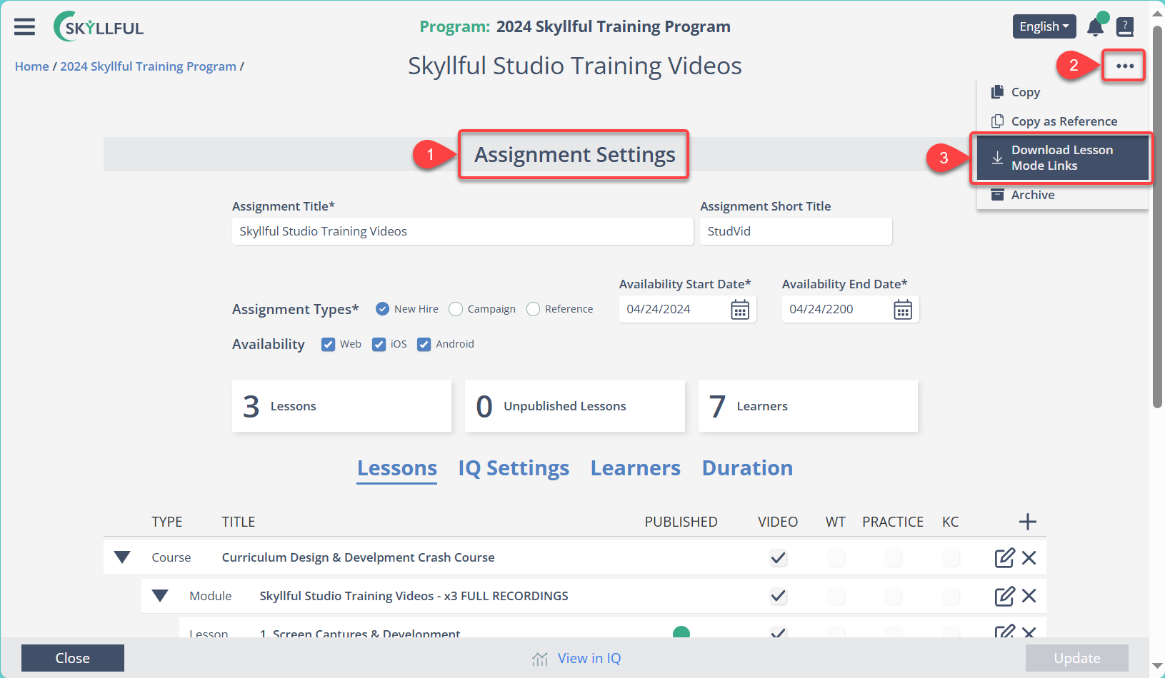 Downloading a spreadsheet of assignment lesson-mode links from the overflow menu in Skyllful Studio.