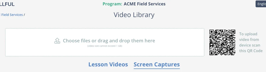 The expanded Video Library in Skyllful Studio with organized tabs and a QR code for mobile uploads.