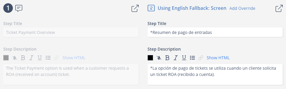 A lesson in Skyllful Studio showing English alongside the translated Spanish for side-by-side editing.