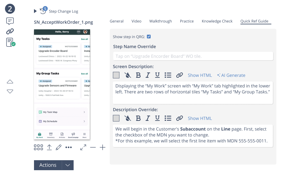 Quick Reference Guide (QRG) Mode in Skyllful Lesson Builder showing QRG-specific title, description, and per-step editing options.