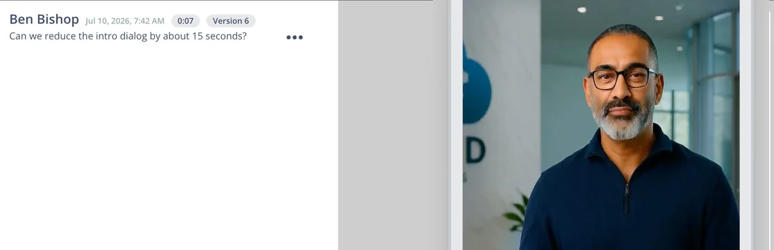 The Lesson Previewer in Skyllful Studio showing a comment left directly on a video step, with a badge indicating open feedback.