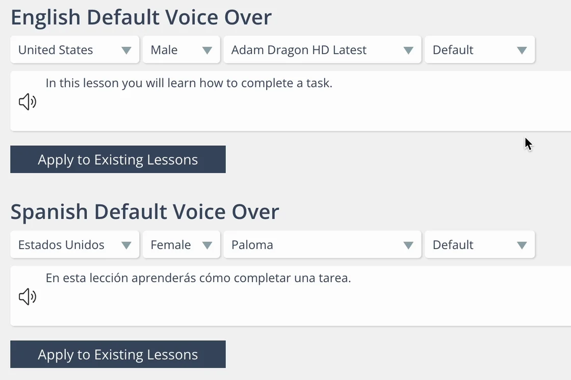 The Learning Program Settings screen in Skyllful Studio with default AI voiceover selections for each enabled language.