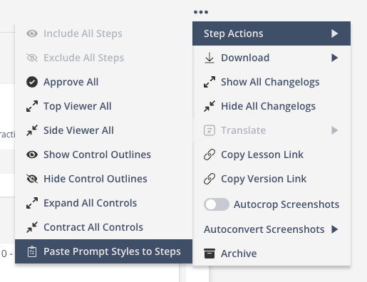 The lesson context menu in Skyllful Studio showing options to copy and paste prompt styling.