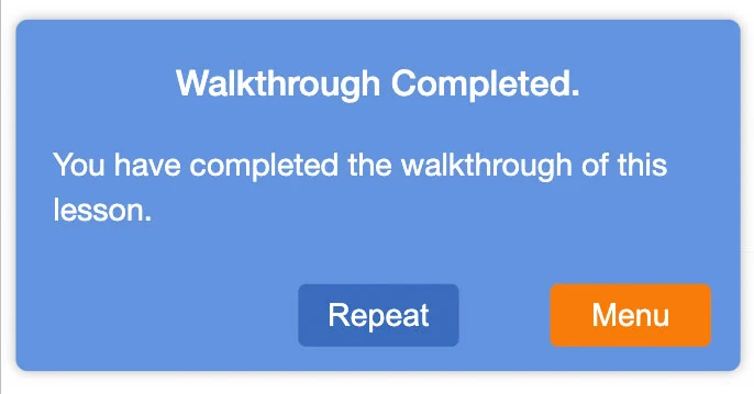 A Walkthrough Completed concluding prompt in a Skyllful lesson rendered with custom background, button colors, and typography.
