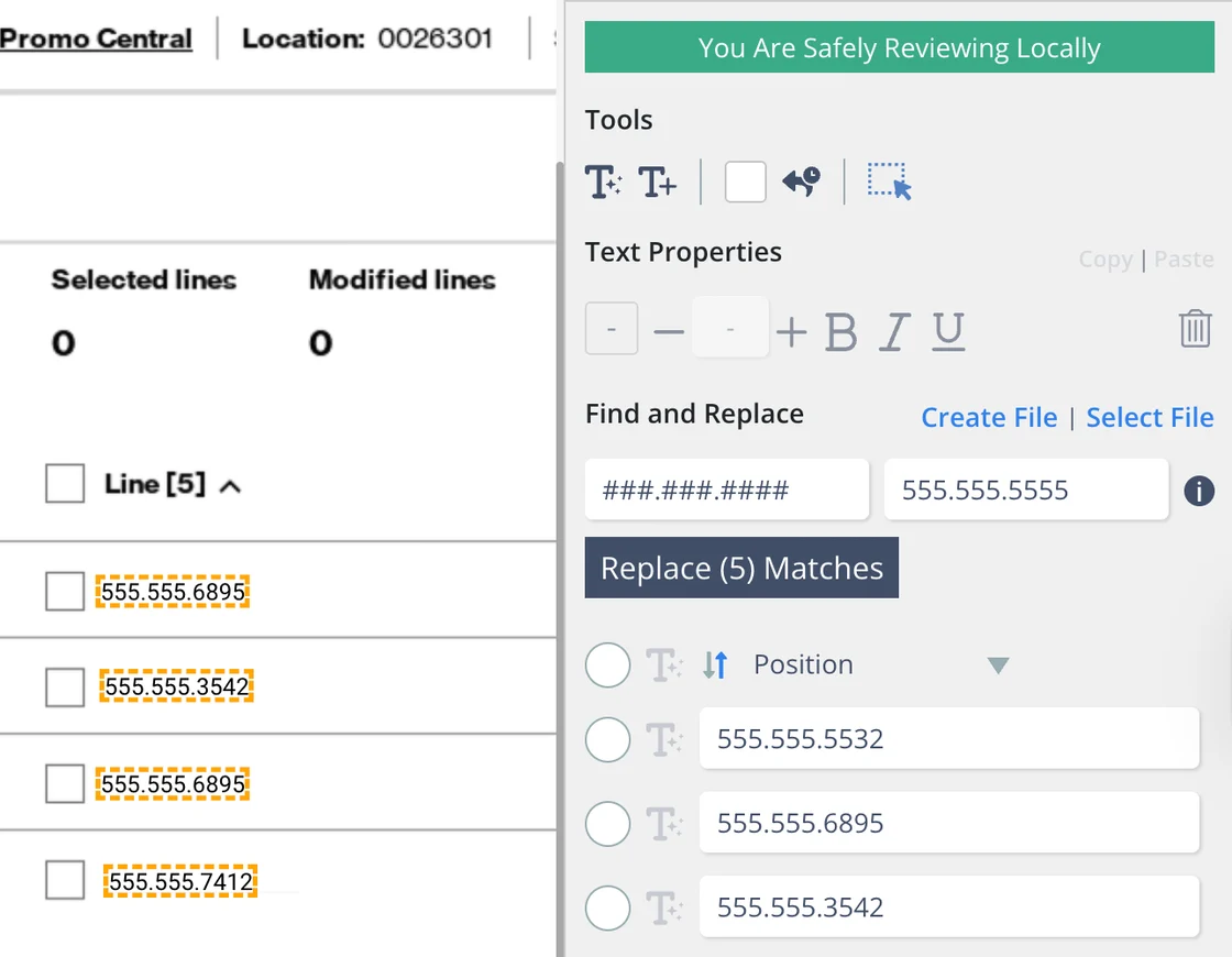 The Data Review Tool in Skyllful Studio detecting and redacting sensitive text in a screenshot before upload.