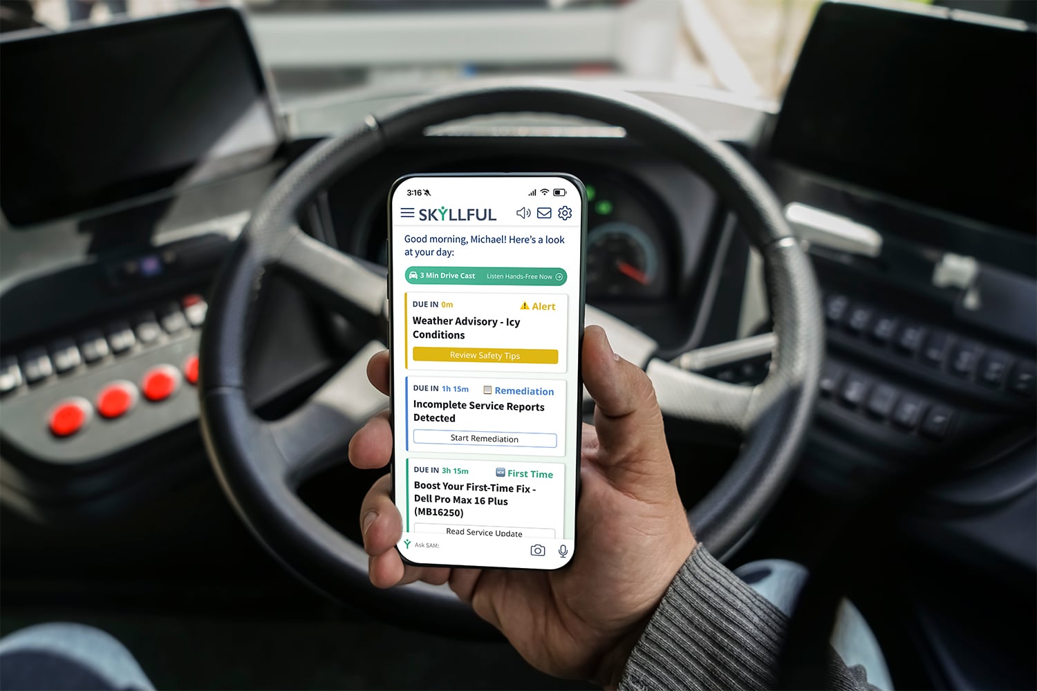 Truck driver reviewing Skyllful daily briefing